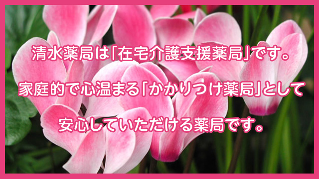 清水薬局は「在宅介護支援薬局」です。
家庭的で心温まる「かかりつけ薬局」として
安心していただける薬局です。